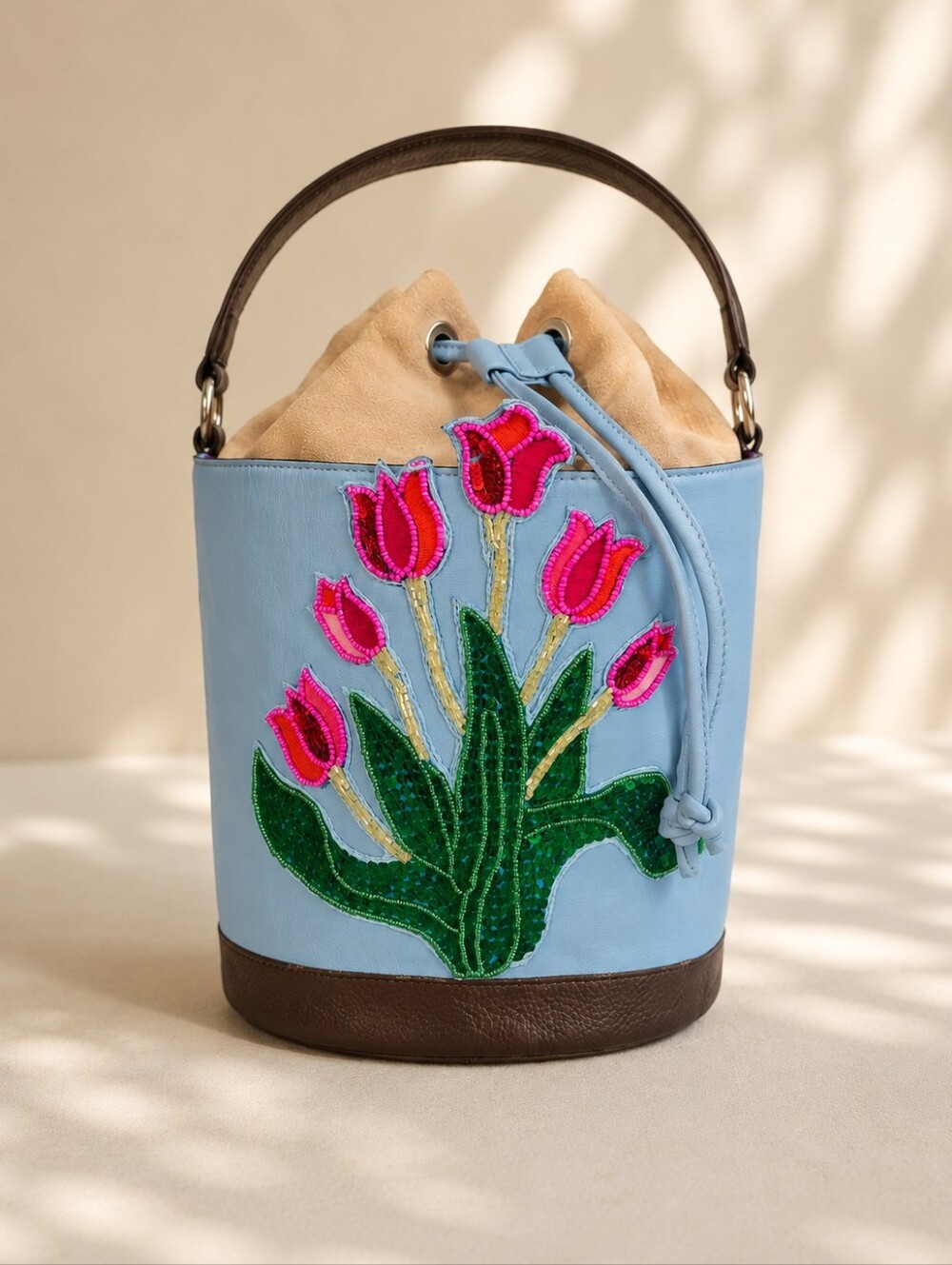 Sharif Beaded Tulip Leather Bucket Bag Blue Floral Drawstring Crossbody EUC